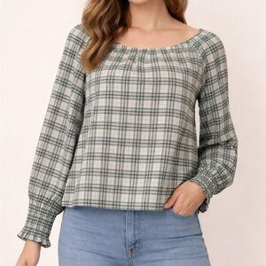 Olivia James The Label Cotton Plaid Scoop Neck Boho Peasant Top Sz Small NWOT